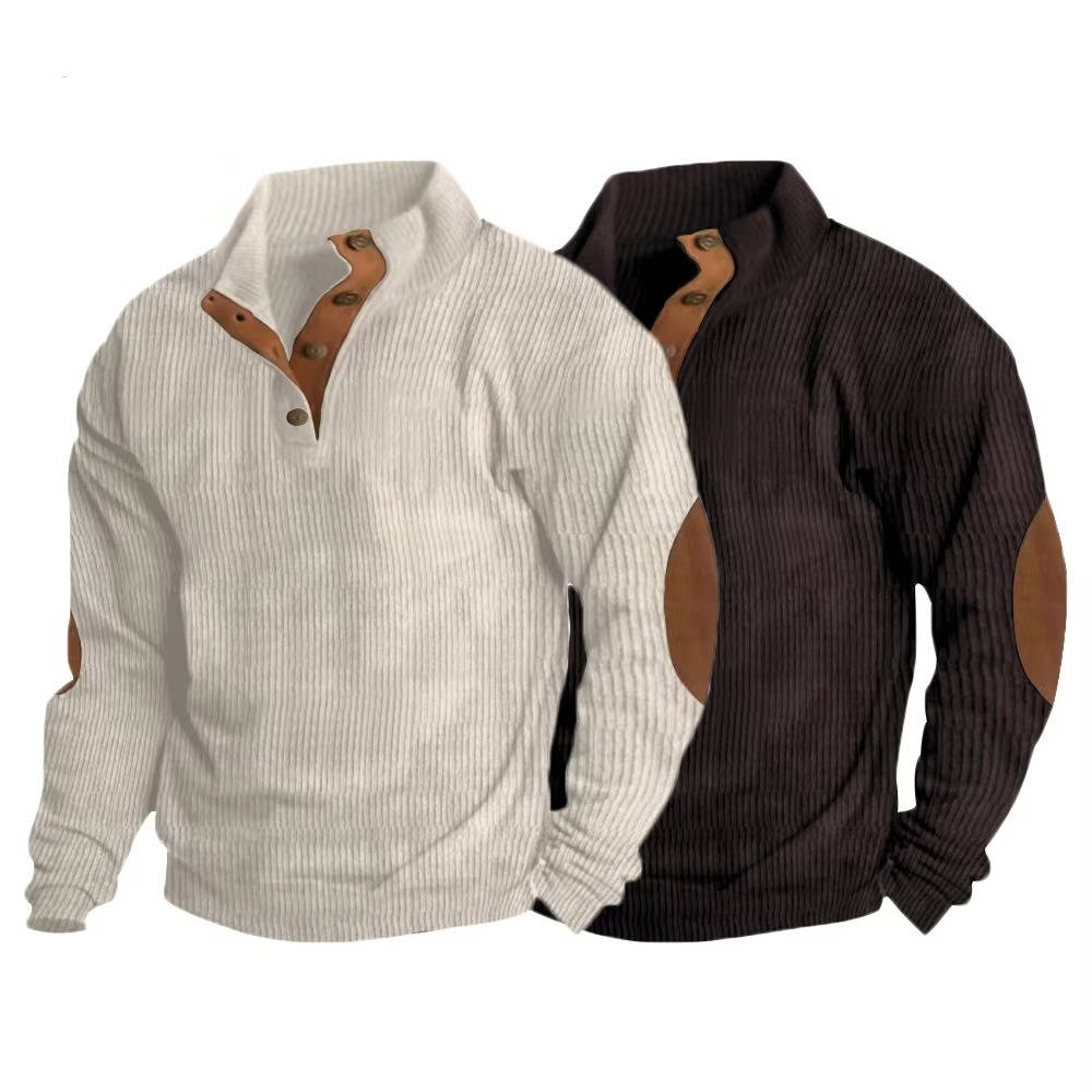 Button Neck Pullover Sweater with Fleece Lining and Elbow Patches, Machine Washable