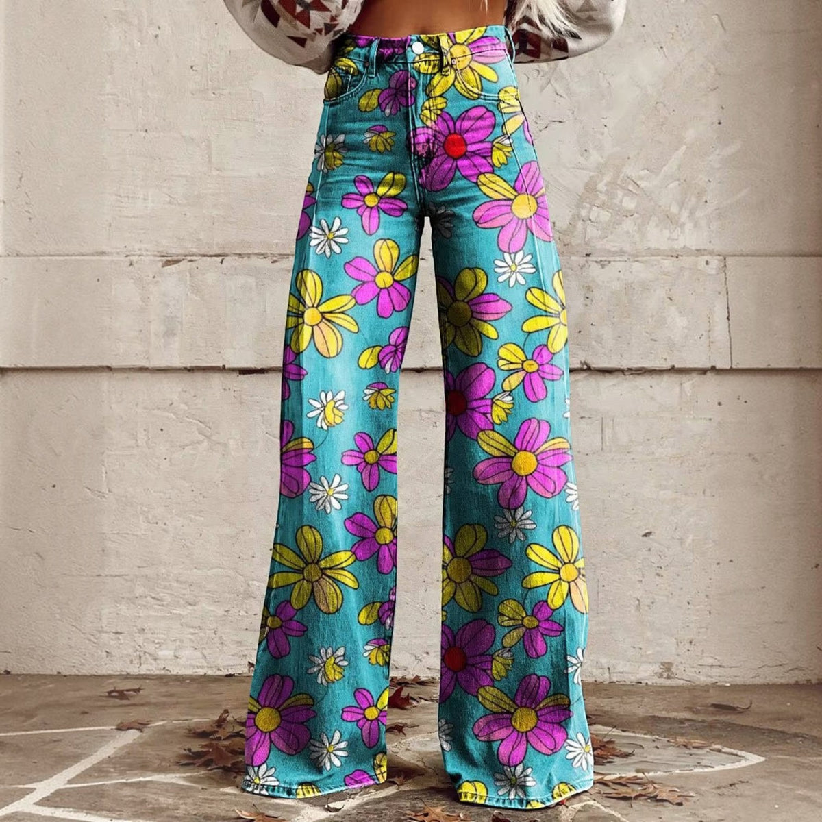 High Waisted Bell Bottom Pants with Floral Print and Stretch Fabric