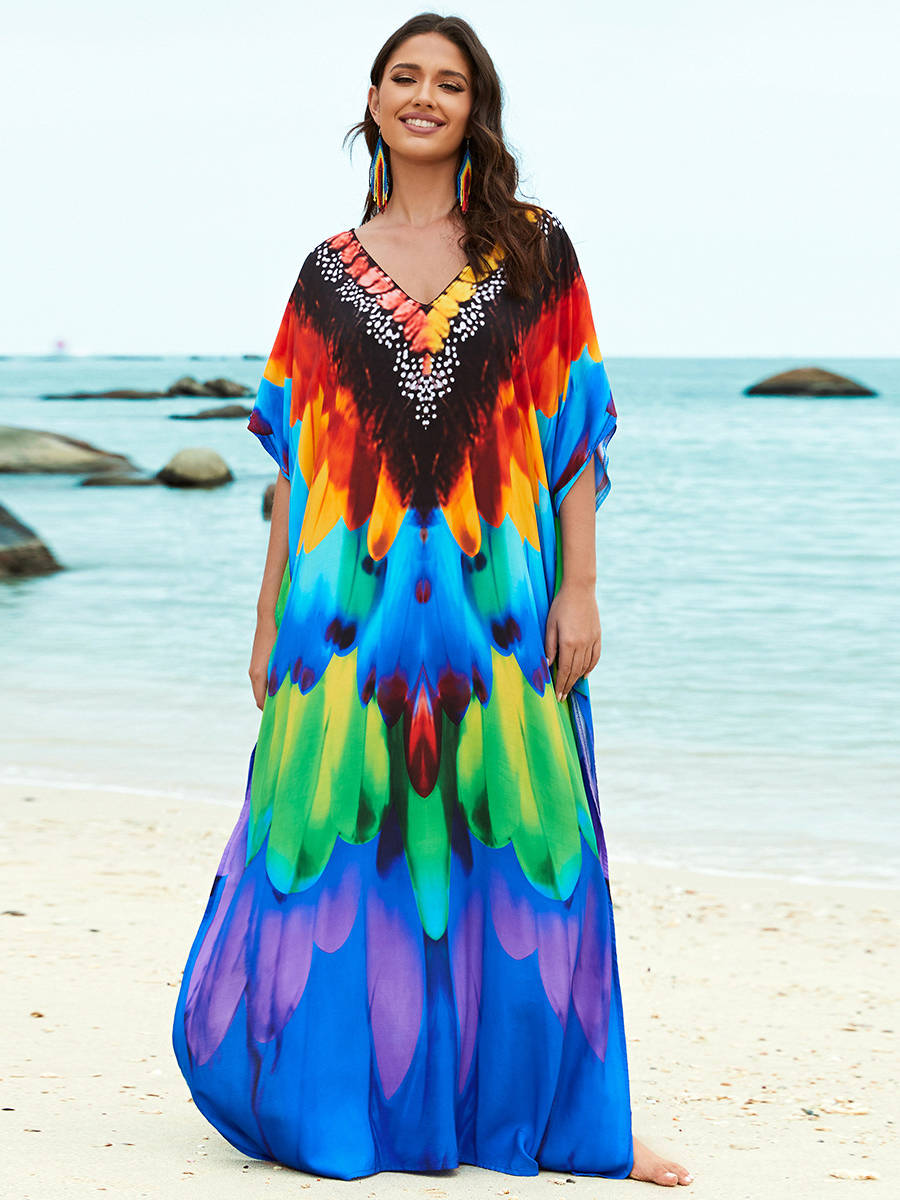 Moomoo Dresses for Women, Plus Size Loose Fit Moroccan Print V Neck Batwing Kaftan Beach Dress