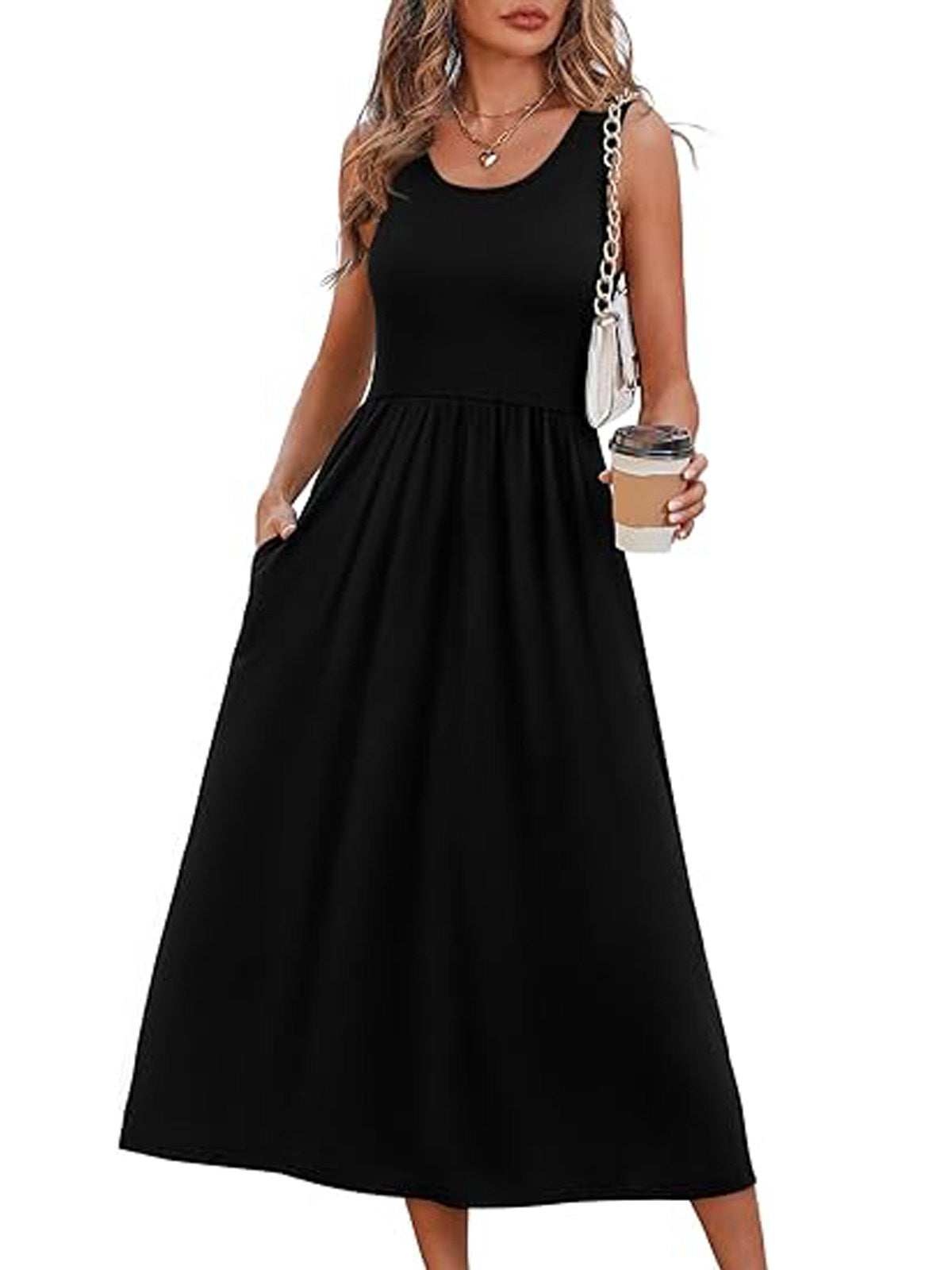 Womens Little Dress, Flowy Casual Midi Beach Vacation Sundress with Pockets