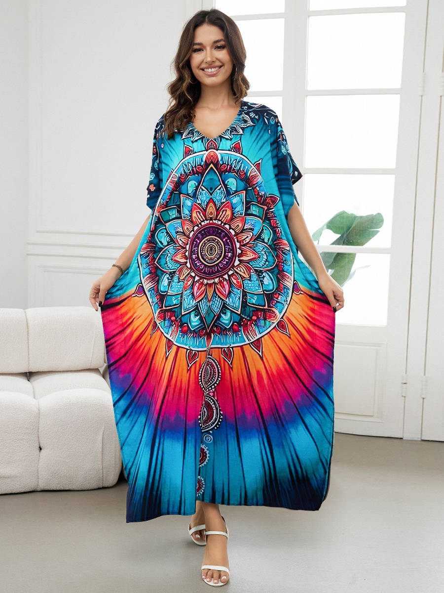 Moomoo Dresses for Women, Plus Size Loose Fit Moroccan Print V Neck Batwing Kaftan Beach Dress