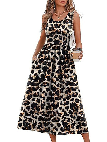 Womens Little Dress, Flowy Casual Midi Beach Vacation Sundress with Pockets