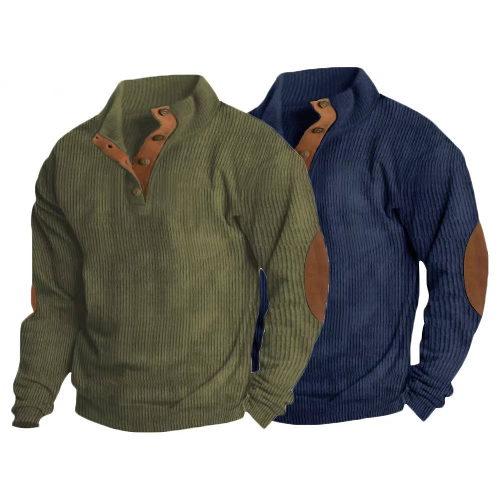 Button Neck Pullover Sweater with Fleece Lining and Elbow Patches, Machine Washable