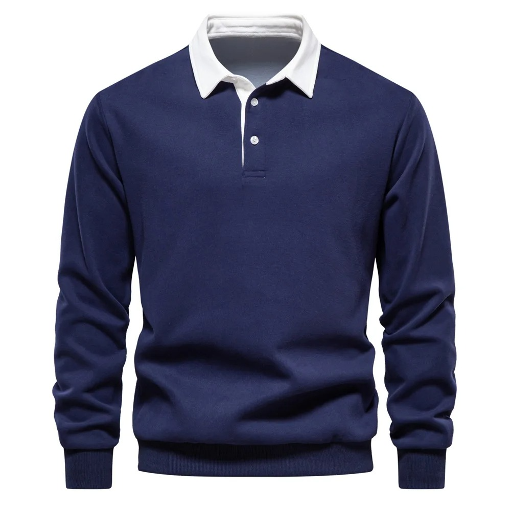 Mens Relaxed Fit Polo Shirt with Three Button Collar and Ribbed Cuffs