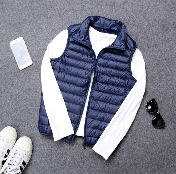 Down Vest with Stand Up Collar and Three Pockets, Water Resistant Shell