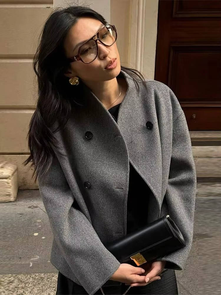 Cropped Wool Blend Peacoat with Double Breasted Closure and Stand Collar