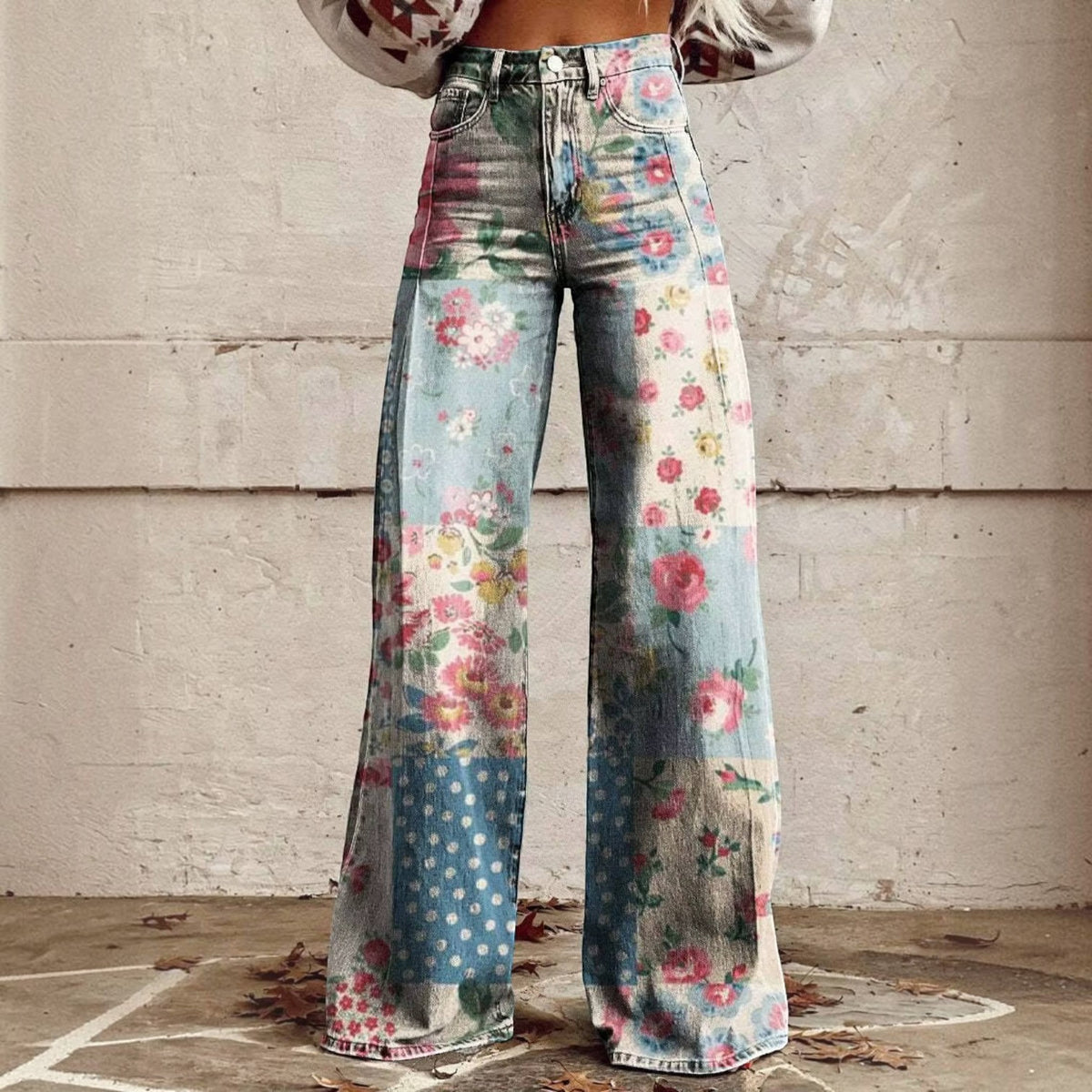 High Waisted Bell Bottom Pants with Floral Print and Stretch Fabric