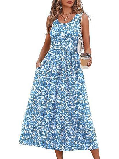 Womens Little Dress, Flowy Casual Midi Beach Vacation Sundress with Pockets