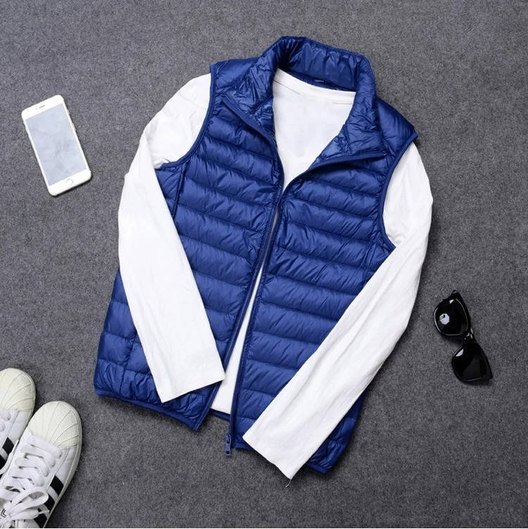 Down Vest with Stand Up Collar and Three Pockets, Water Resistant Shell
