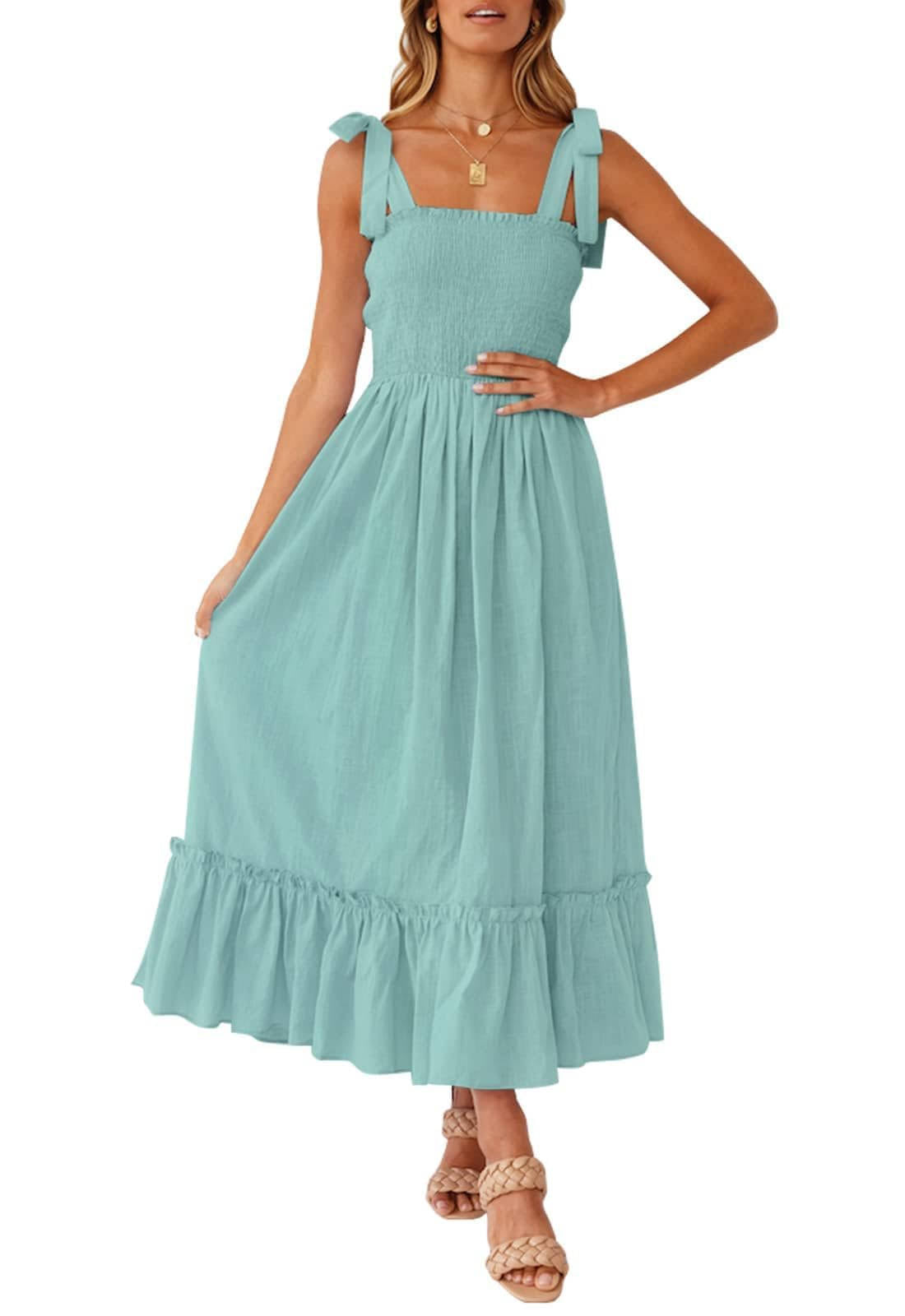 Womens Boho Maxi Dress, Square Neck Spaghetti Strap Ruffle a Line Beach Dress