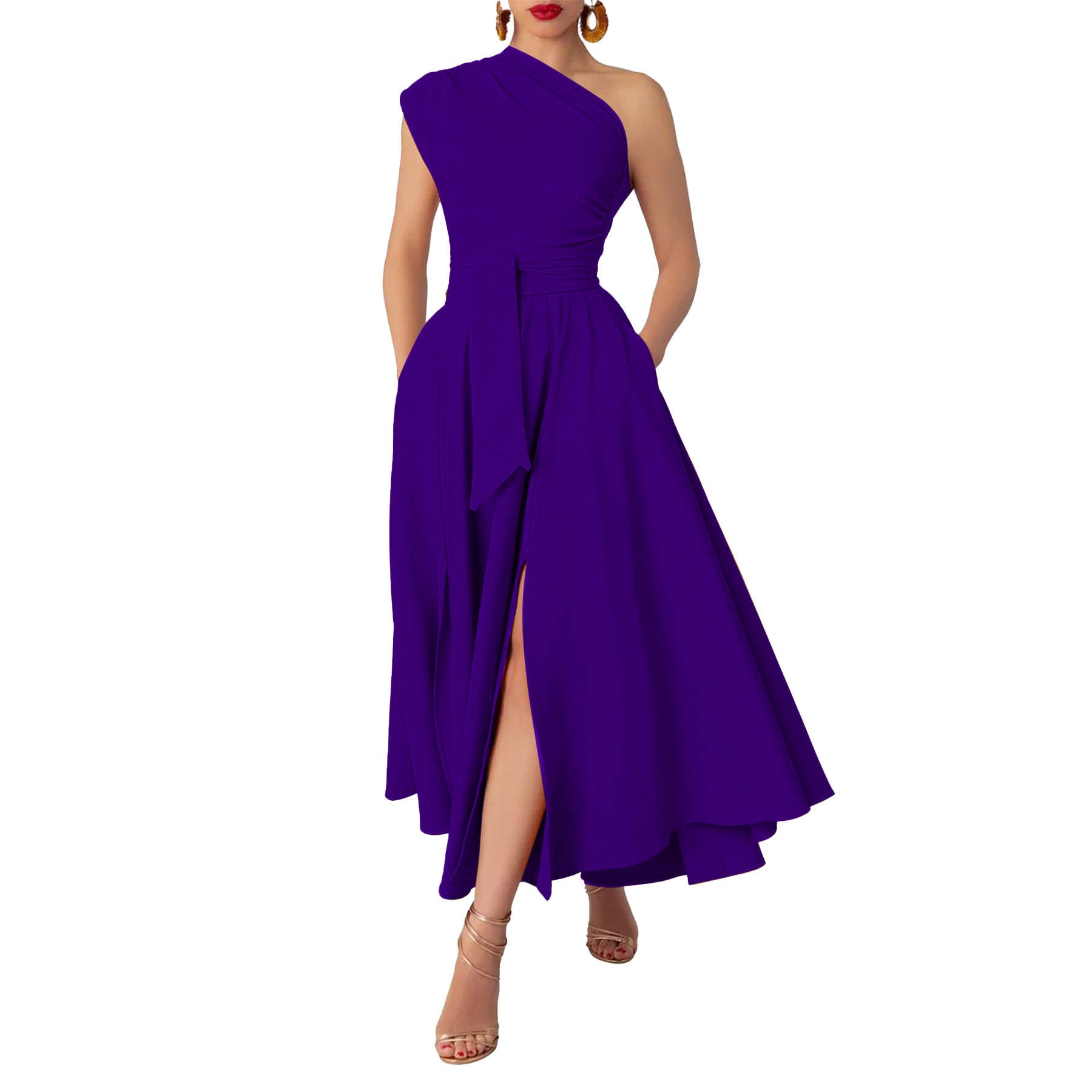 Womens One Shoulder Belted Maxi Dress, Elegant Formal Wedding Guest Dress with Pockets