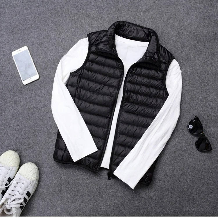 Down Vest with Stand Up Collar and Three Pockets, Water Resistant Shell