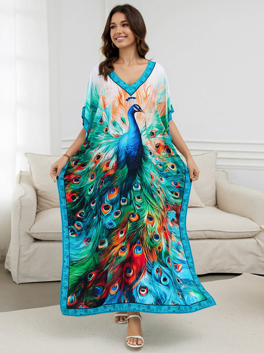 Moomoo Dresses for Women, Plus Size Loose Fit Moroccan Print V Neck Batwing Kaftan Beach Dress