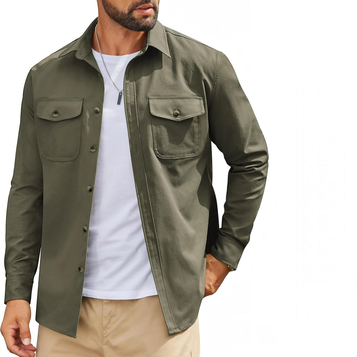 Mens Long Sleeve Button Down Work Shirt, Casual Workwear Shirt with Flap Pockets
