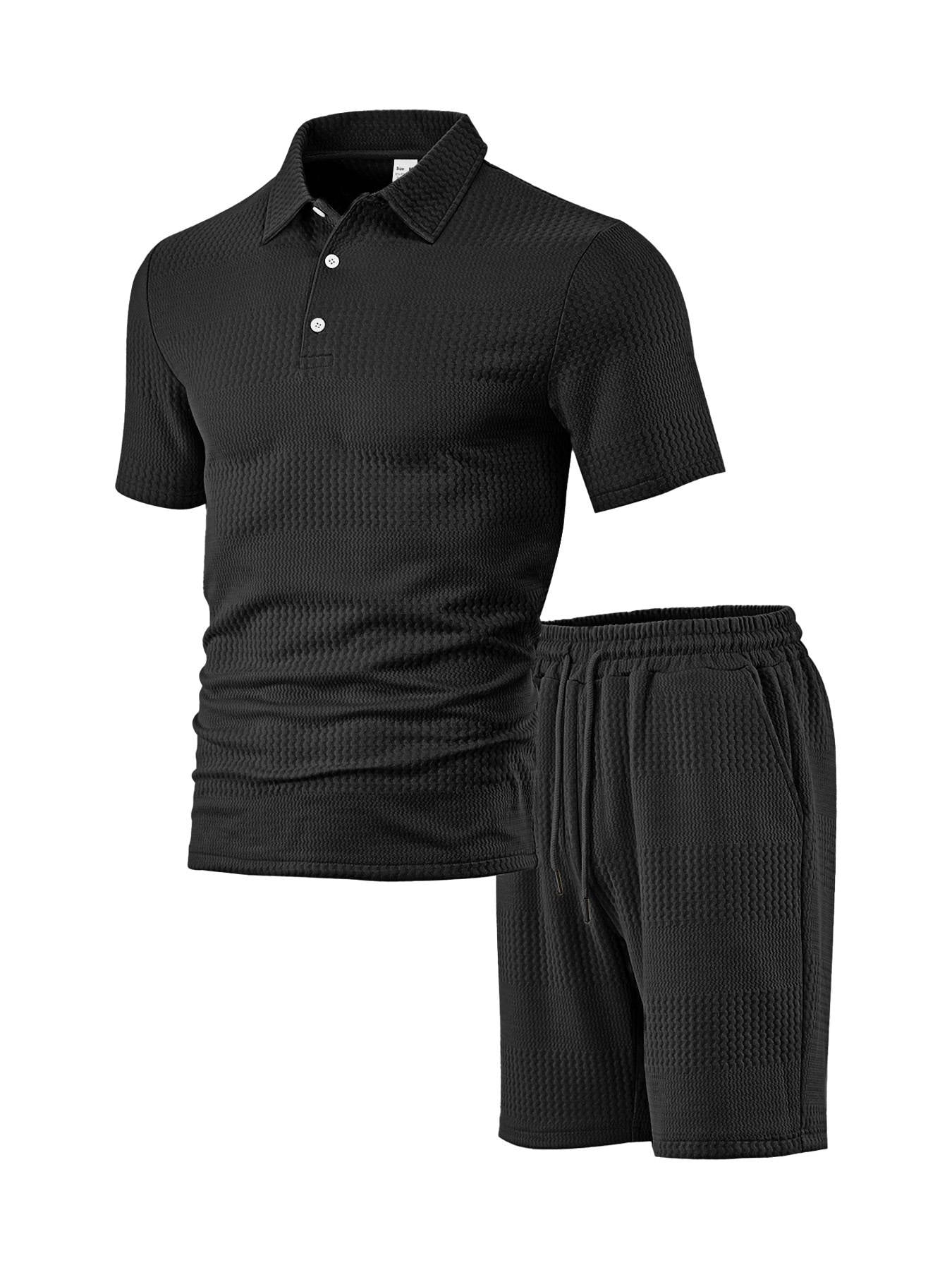 Men's Knitted Polo and Shorts Set, Vintage Casual Two Piece Outfits, Short Sleeve Textured Tracksuit