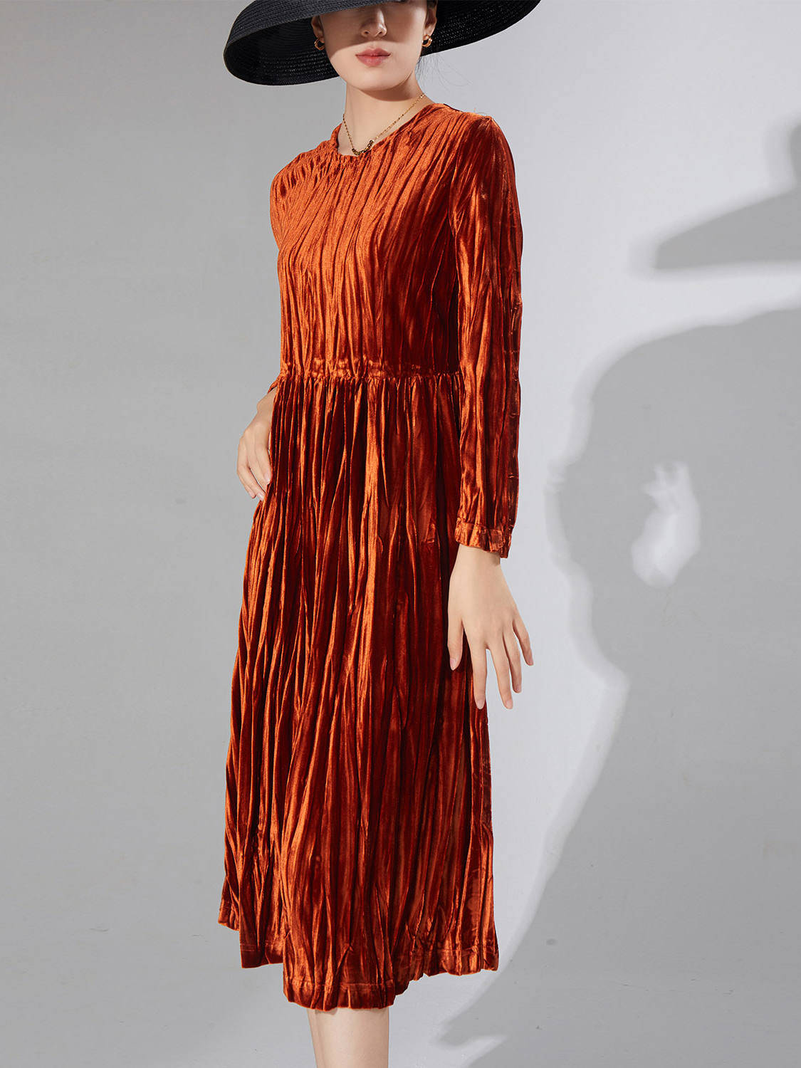 Velvet Dresses for Women, Vintage Style Long Sleeve Cinched Waist Pleated Dress for Fall and Winter