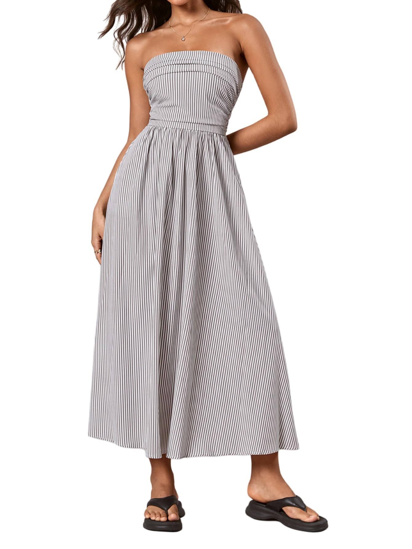 Womens Striped Strapless Maxi Dress, Casual Tube Top Summer Dress with Pockets