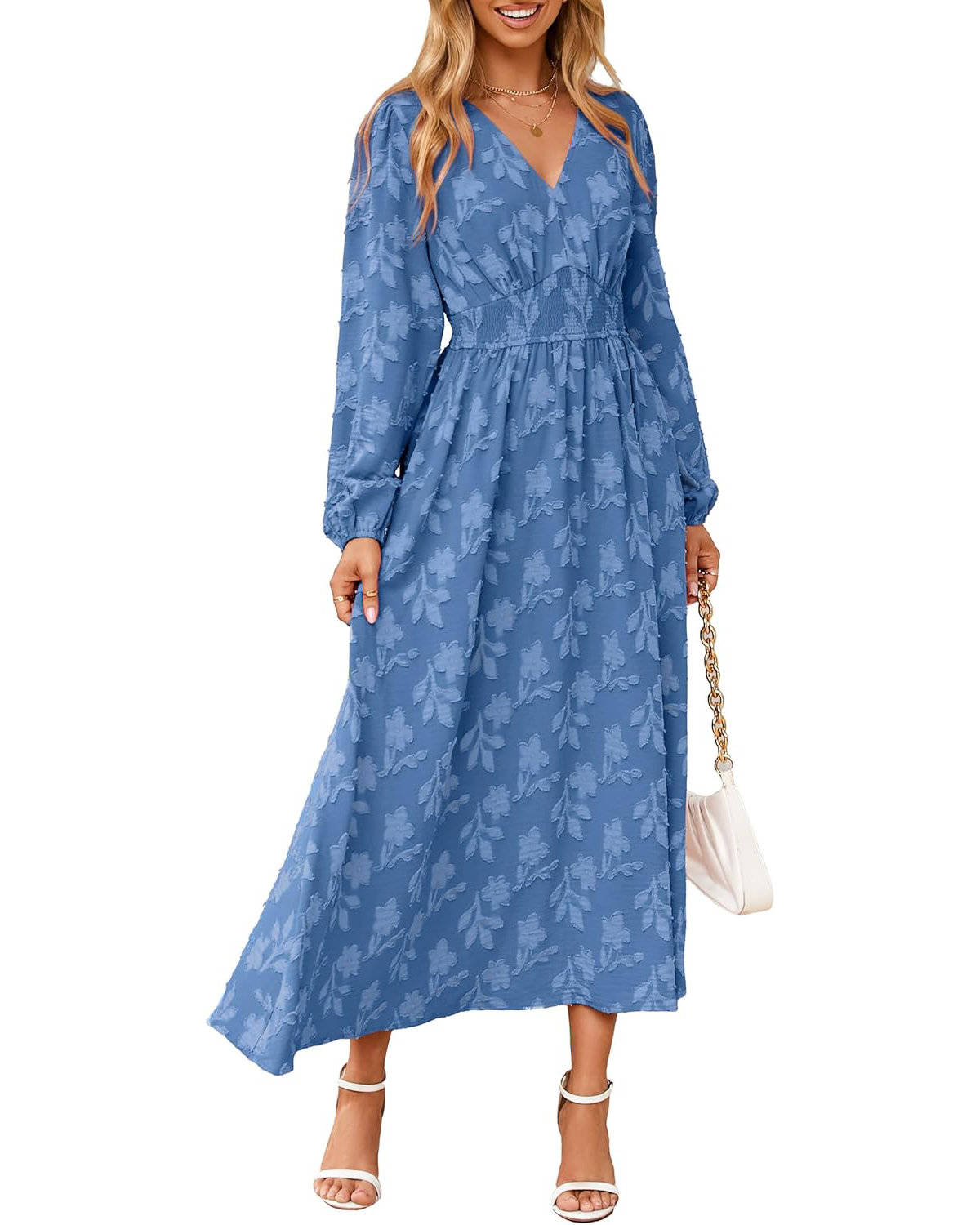 Womens Floral Maxi Dress, Long Sleeve V Neck Empire Waist Boho Fall Wedding Guest Dress with Pockets