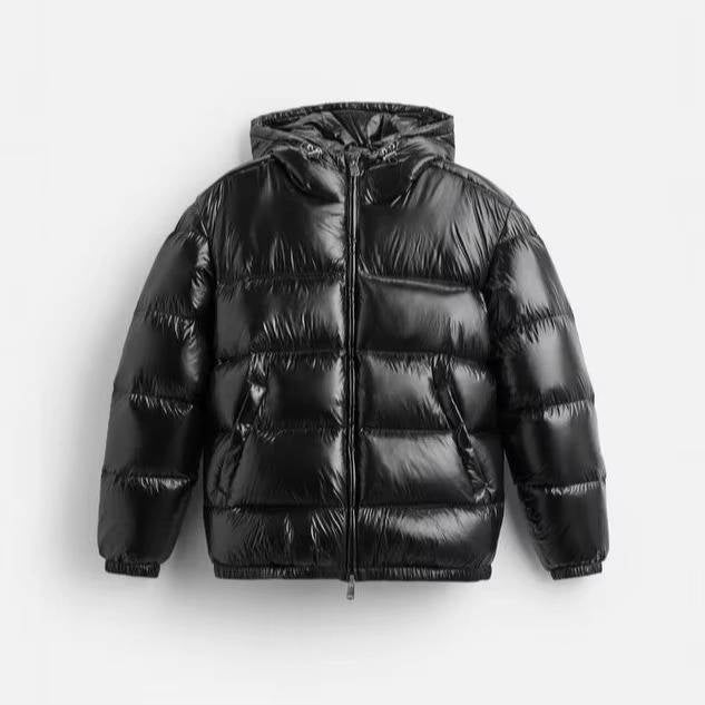Hooded Puffer Jacket for Men with Cotton Padding and Stand Collar