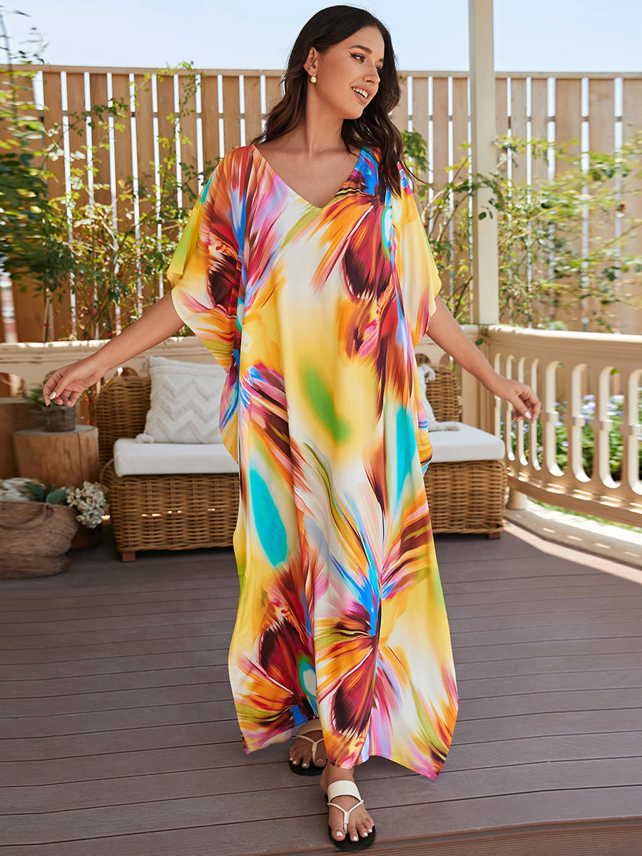 Moomoo Dresses for Women, Plus Size Loose Fit Moroccan Print V Neck Batwing Kaftan Beach Dress