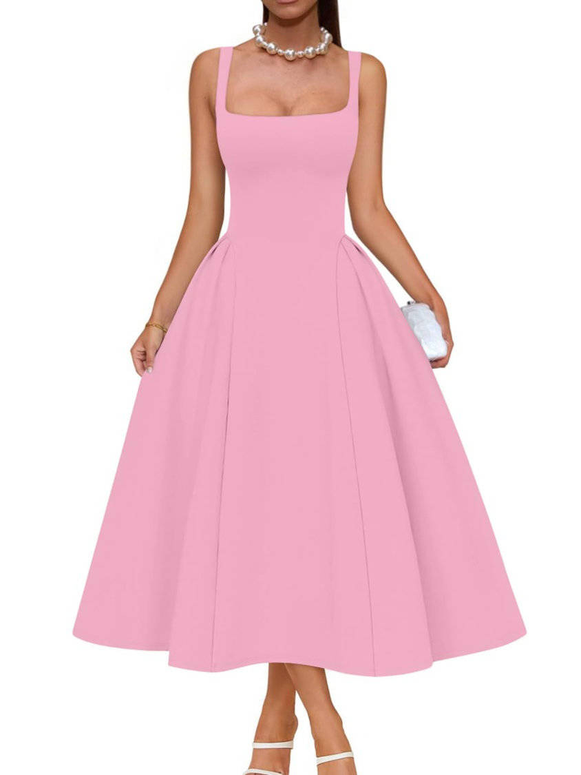 Womens Square Neck A Line Midi Dress, Elegant Wedding Guest and Evening Party Dress