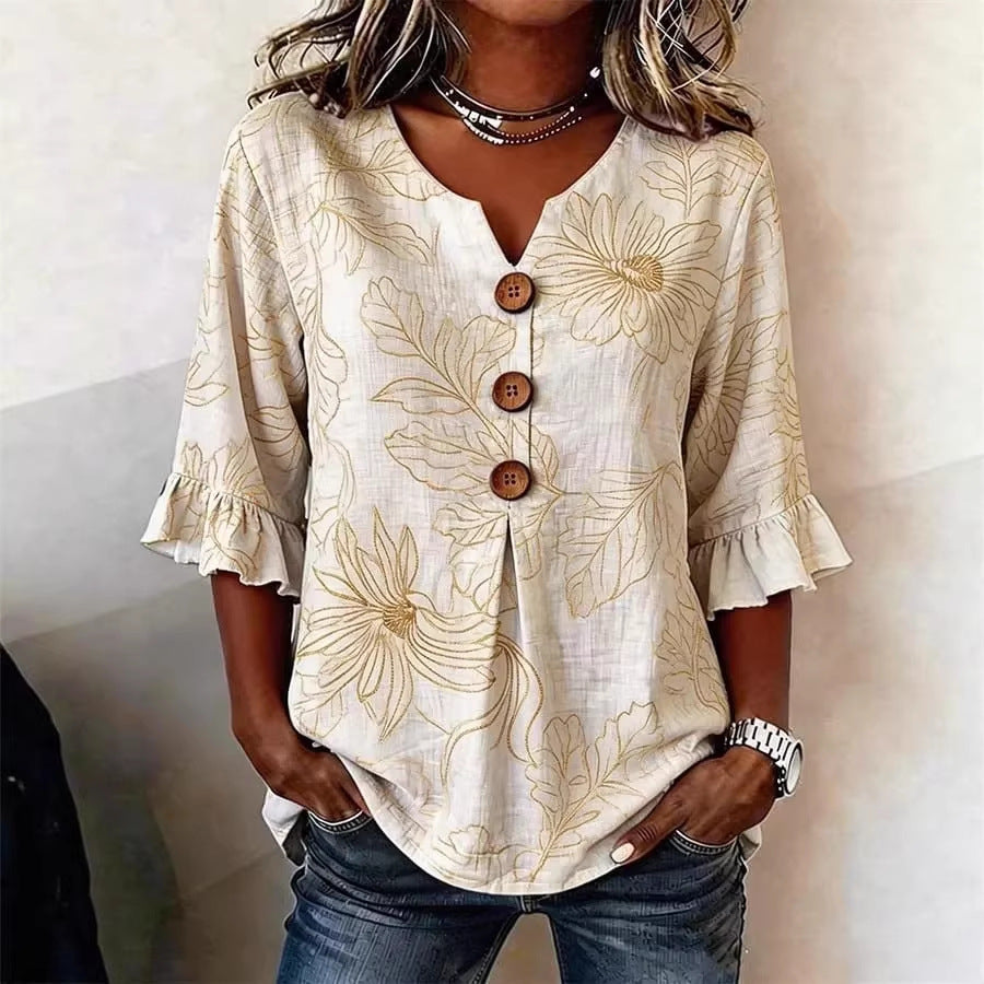 Women's Floral Print Linen Blouse, Vintage V Neck Sleeve Shirt, Casual Ruffle Cuff Button Down Tops