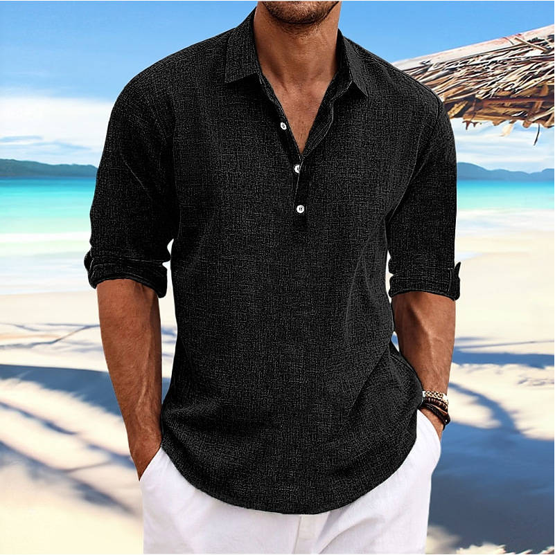 Men's Casual Cotton Shirt, Long Sleeve Pullover Beach Shirt, Lightweight Summer Vacation Style