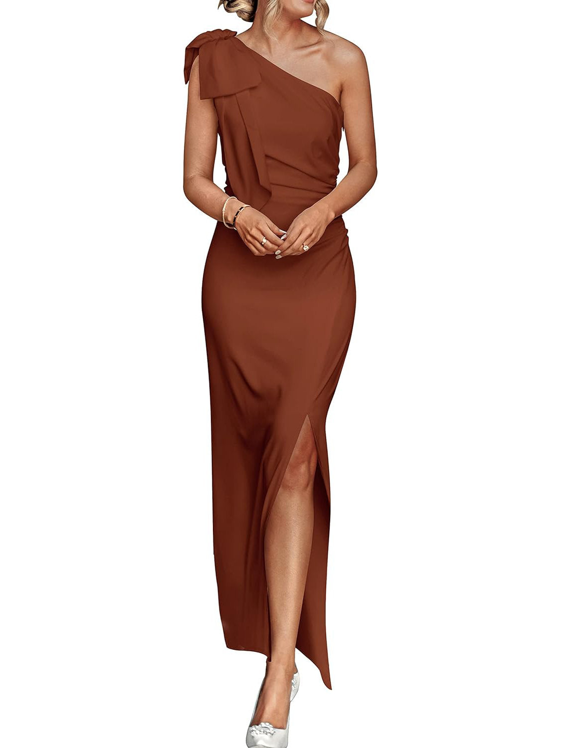 Womens One Shoulder Maxi Dress, Ruched Bodycon Wedding Guest and Formal Dress