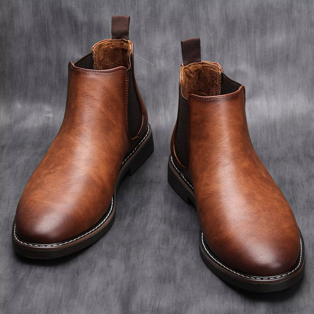 Brown Faux Leather Chelsea Boots with Elastic Side Panels and Welted Sole Construction