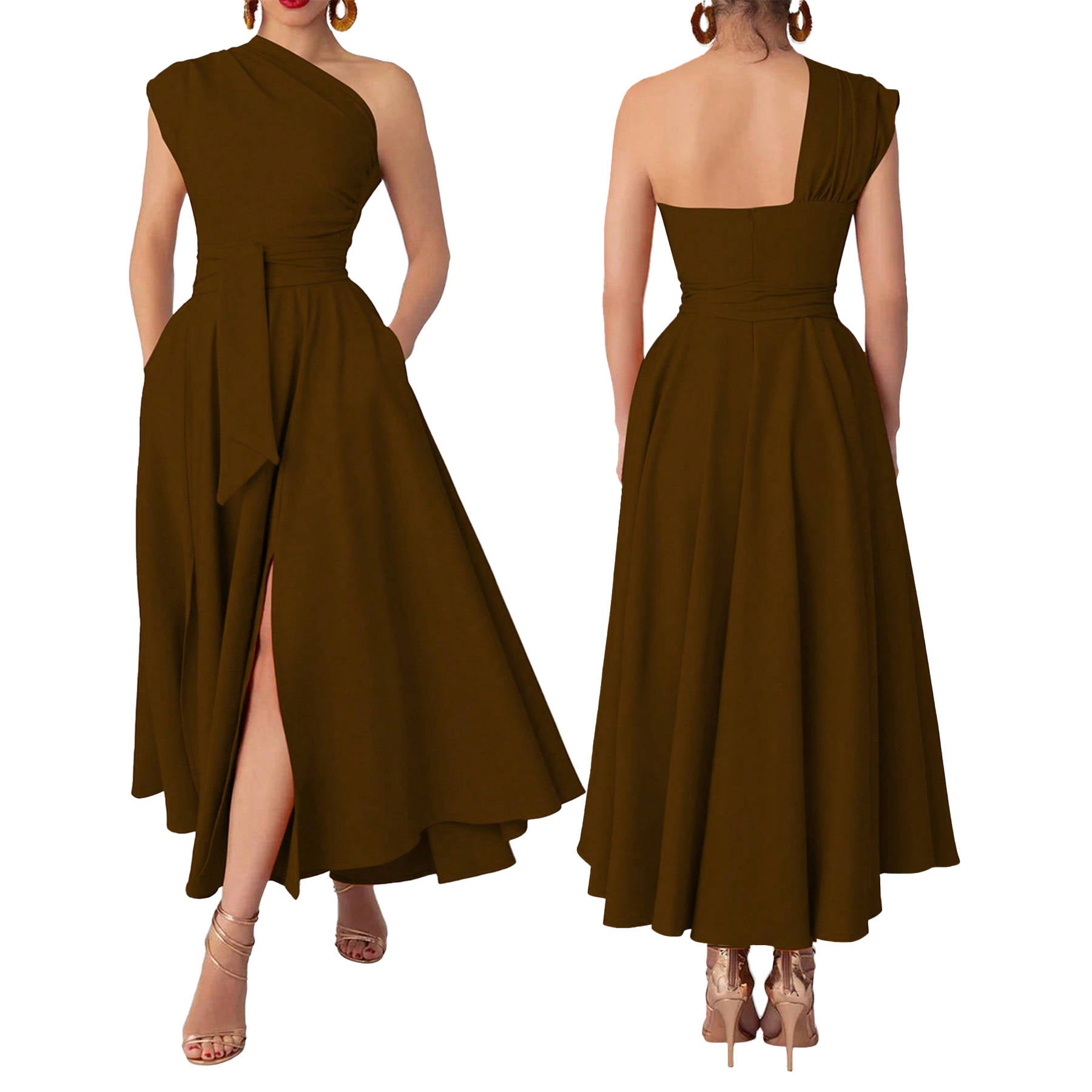 Womens One Shoulder Belted Maxi Dress, Elegant Formal Wedding Guest Dress with Pockets