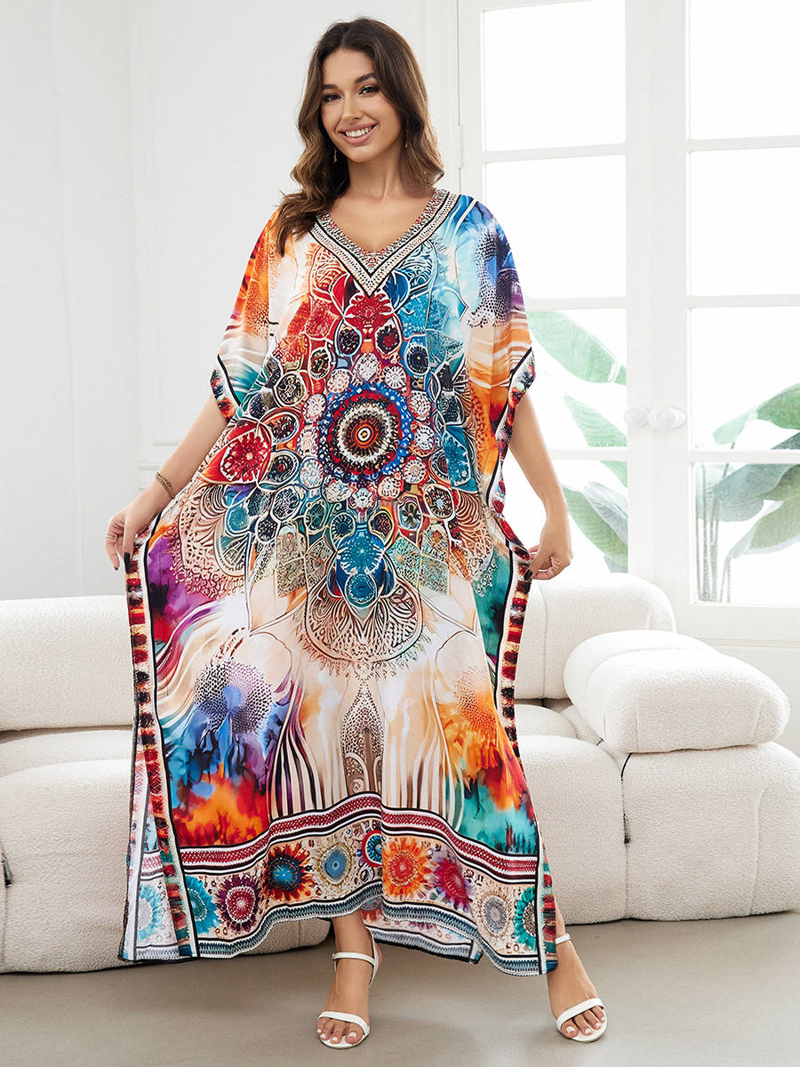 Moomoo Dresses for Women, Plus Size Loose Fit Moroccan Print V Neck Batwing Kaftan Beach Dress