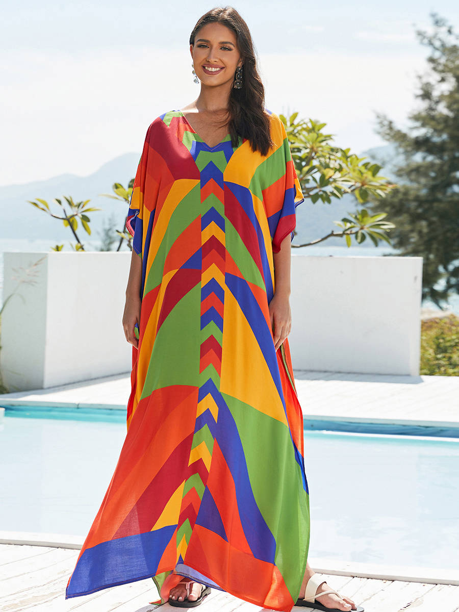 Moomoo Dresses for Women, Plus Size Loose Fit Moroccan Print V Neck Batwing Kaftan Beach Dress