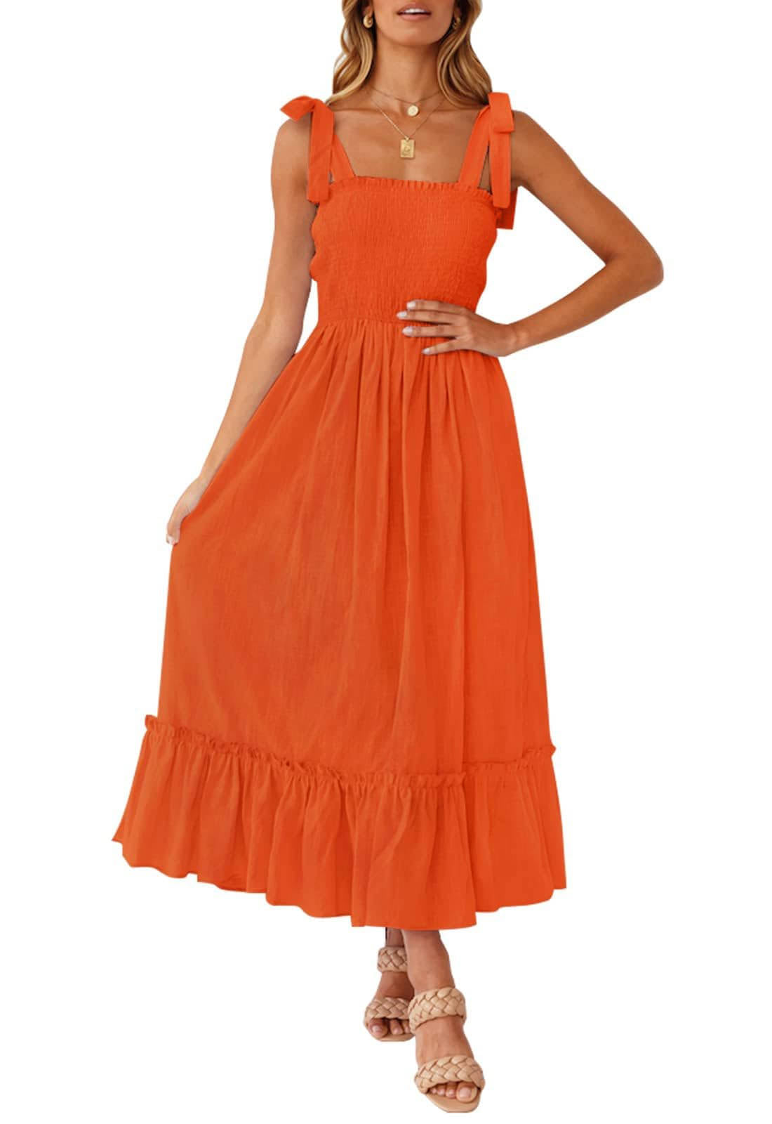 Womens Boho Maxi Dress, Square Neck Spaghetti Strap Ruffle a Line Beach Dress
