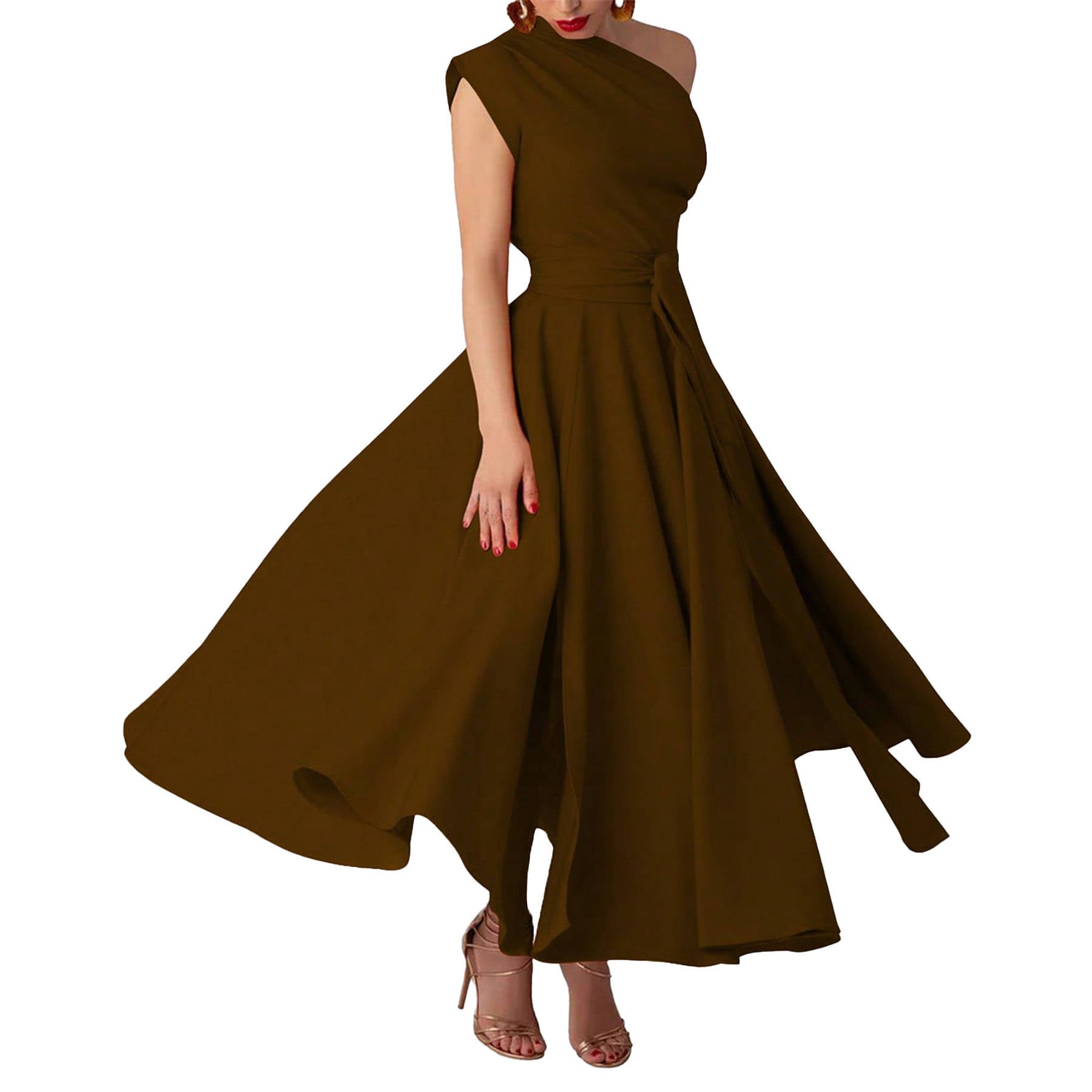 Womens One Shoulder Belted Maxi Dress, Elegant Formal Wedding Guest Dress with Pockets