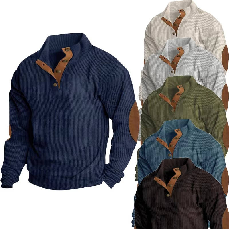 Button Neck Pullover Sweater with Fleece Lining and Elbow Patches, Machine Washable