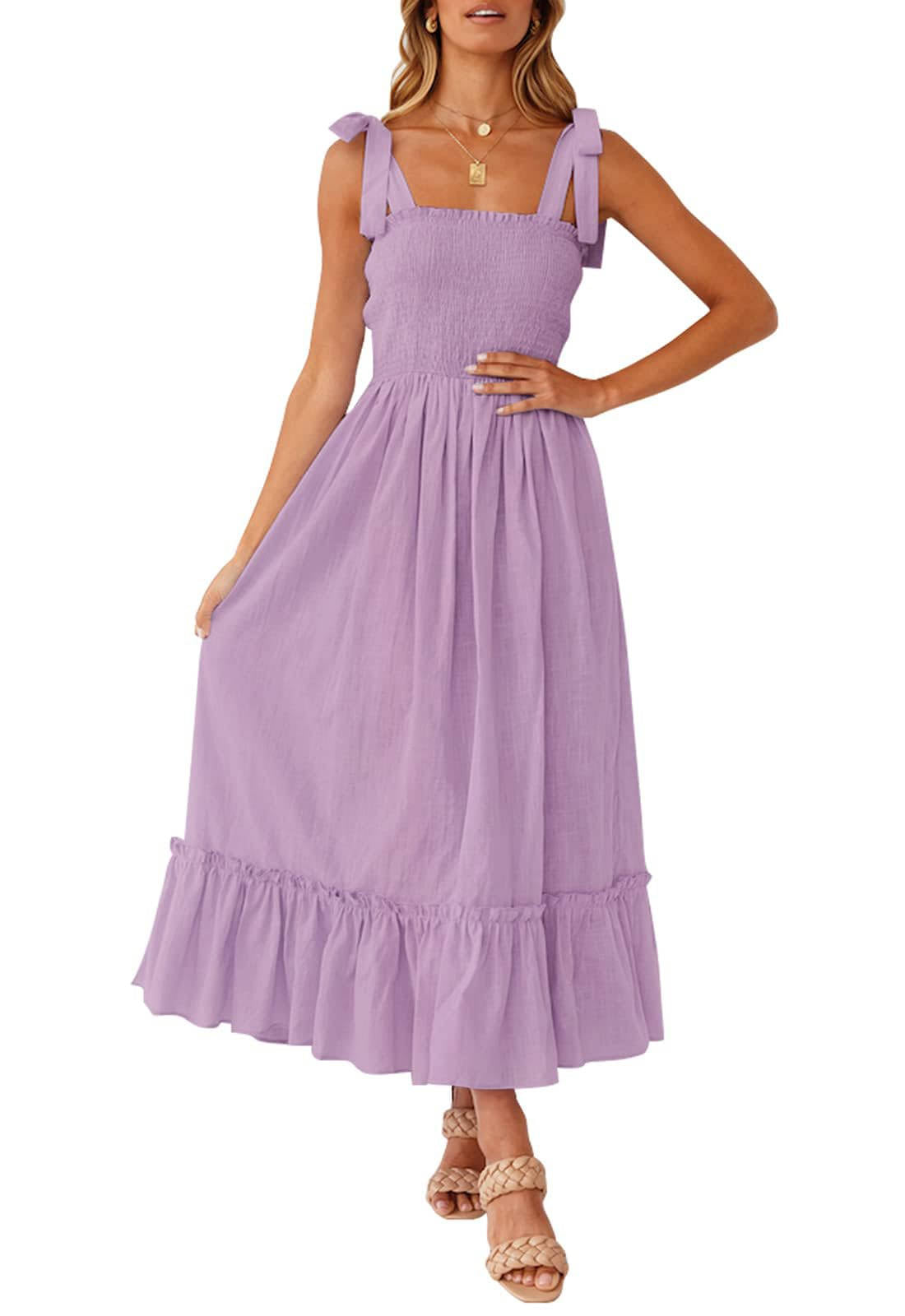 Womens Boho Maxi Dress, Square Neck Spaghetti Strap Ruffle a Line Beach Dress