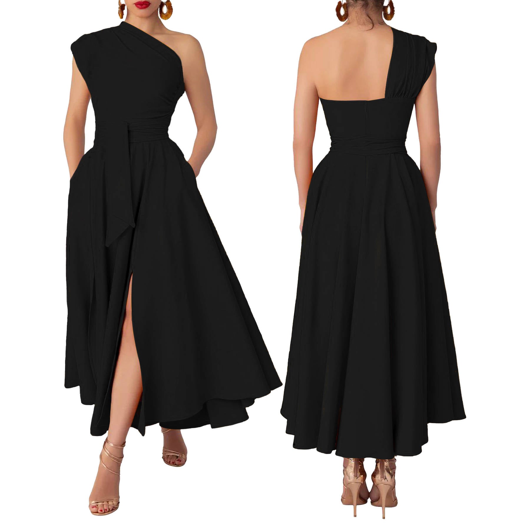 Womens One Shoulder Belted Maxi Dress, Elegant Formal Wedding Guest Dress with Pockets