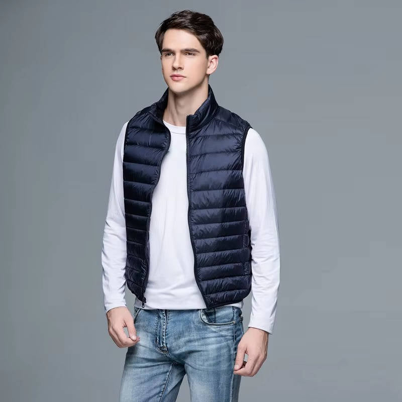 Down Vest with Stand Up Collar and Three Pockets, Water Resistant Shell