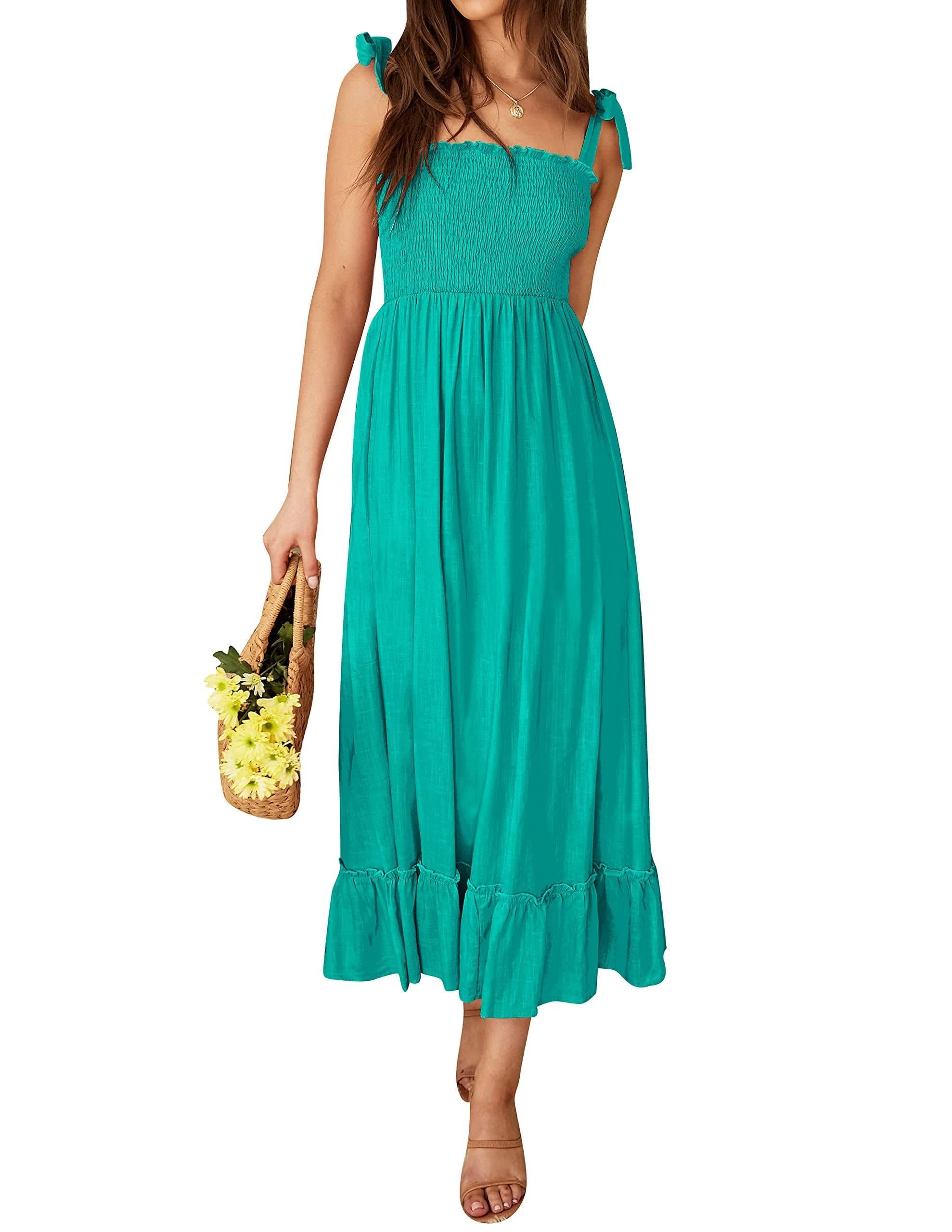Womens Boho Maxi Dress, Square Neck Spaghetti Strap Ruffle a Line Beach Dress