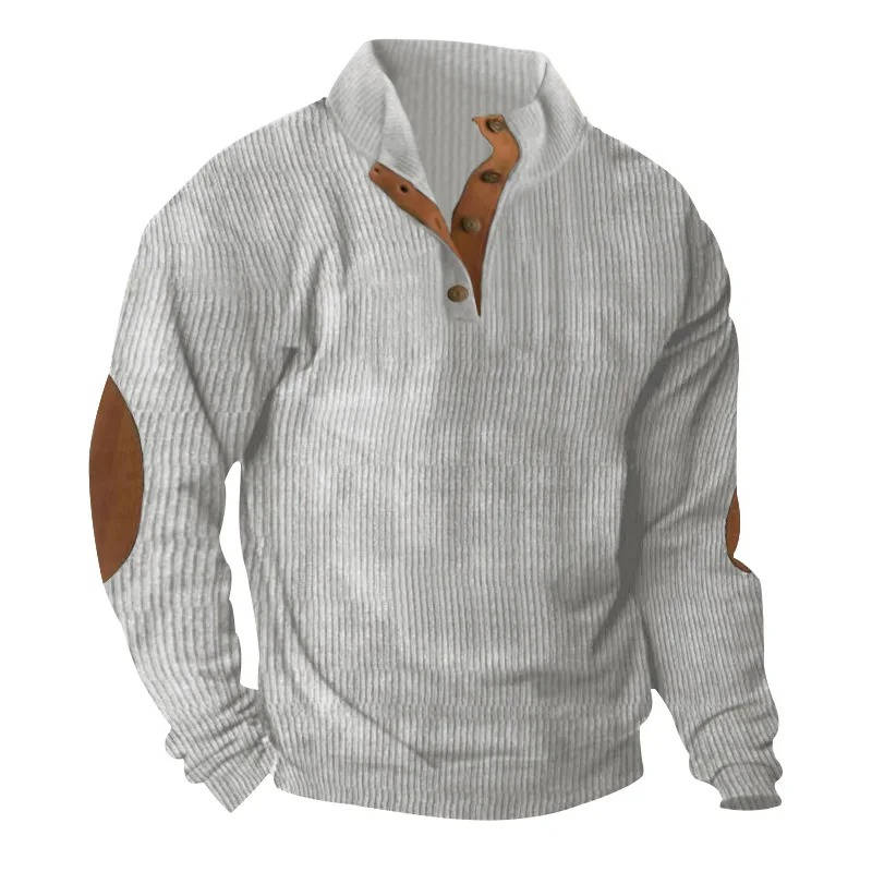 Button Neck Pullover Sweater with Fleece Lining and Elbow Patches, Machine Washable