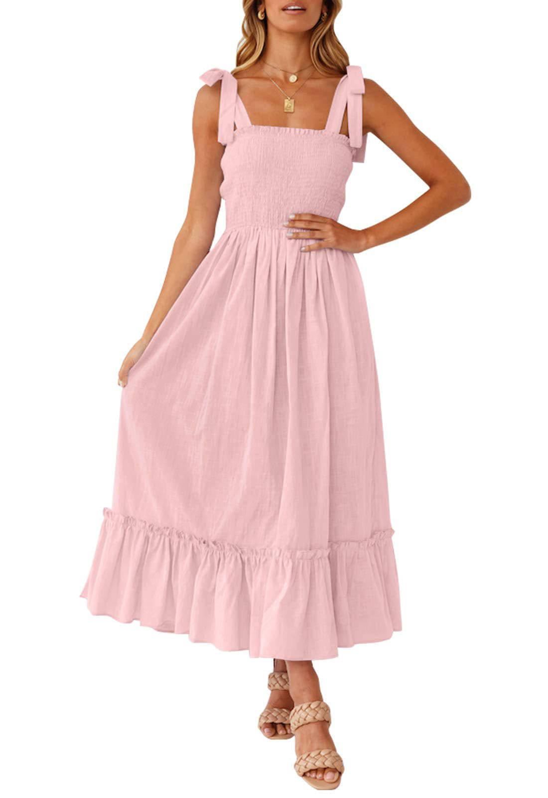 Womens Boho Maxi Dress, Square Neck Spaghetti Strap Ruffle a Line Beach Dress