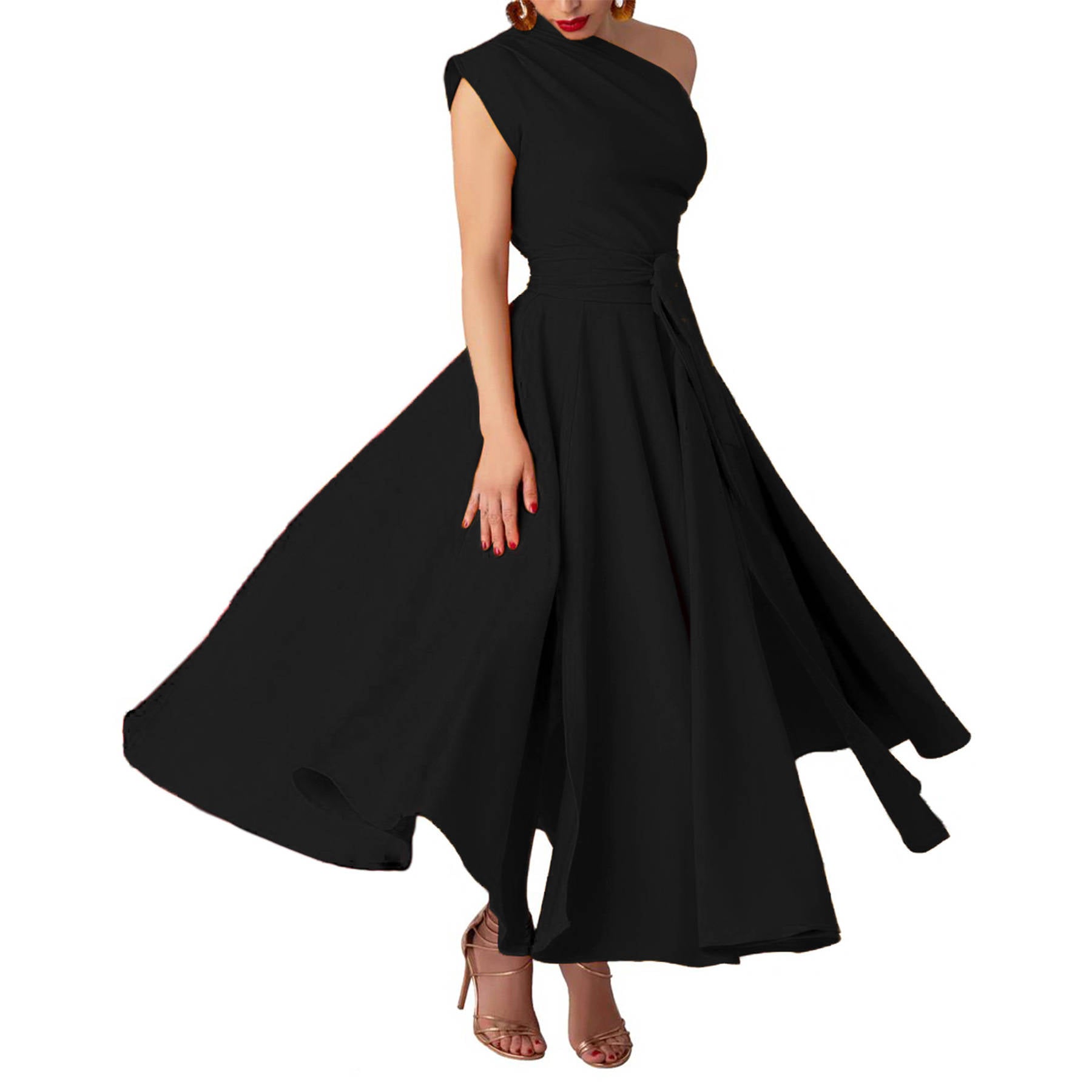 Womens One Shoulder Belted Maxi Dress, Elegant Formal Wedding Guest Dress with Pockets
