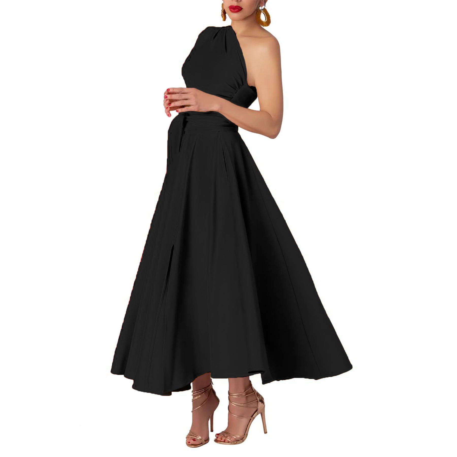 Womens One Shoulder Belted Maxi Dress, Elegant Formal Wedding Guest Dress with Pockets