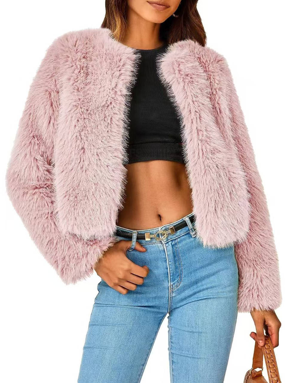 Womens Cropped Faux Fur Jacket, Fluffy Shaggy Long Sleeve Short Coat