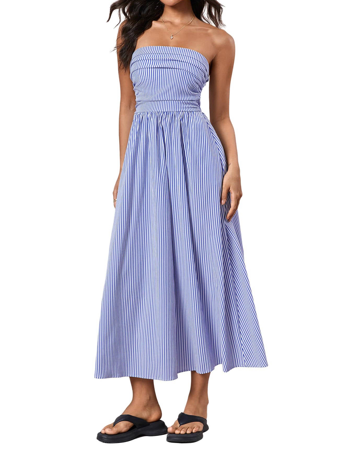 Womens Striped Strapless Maxi Dress, Casual Tube Top Summer Dress with Pockets