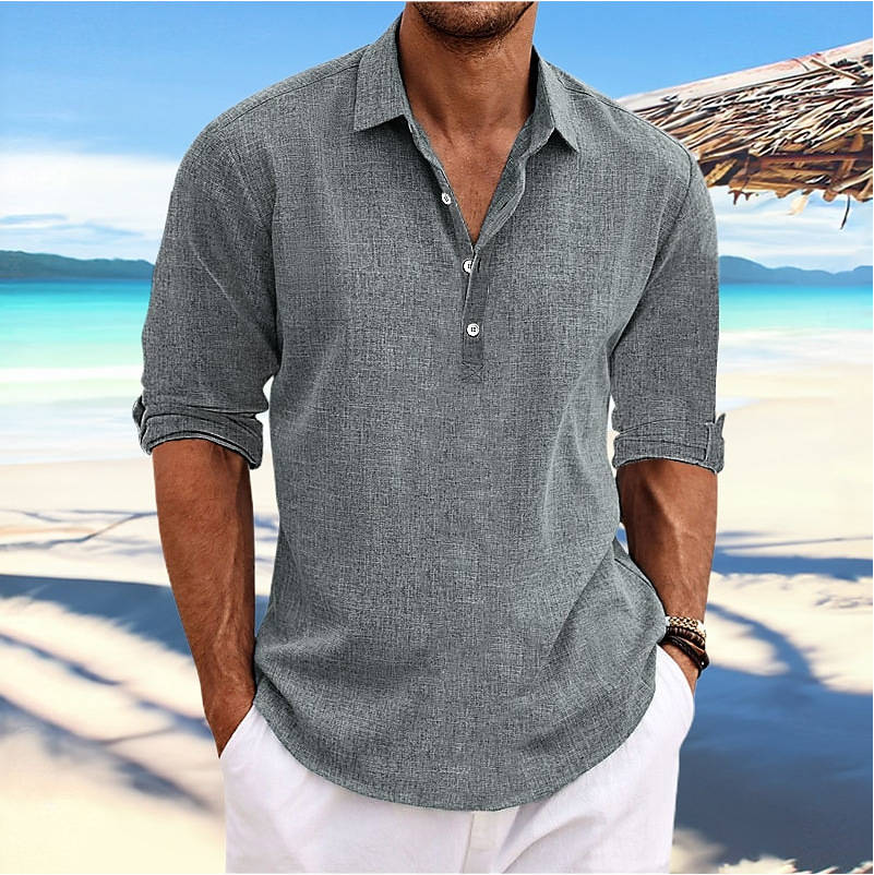 Men's Casual Cotton Shirt, Long Sleeve Pullover Beach Shirt, Lightweight Summer Vacation Style