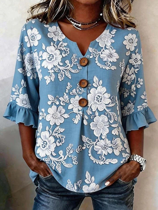 Women's Floral Print Linen Blouse, Vintage V Neck Sleeve Shirt, Casual Ruffle Cuff Button Down Tops
