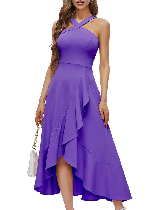 Womens Halter Formal Dress, Ruffled Hi Lo Maxi Wedding Guest and Bridesmaid Dress