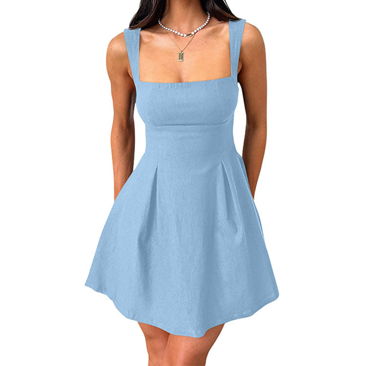 Womens Little Dress, Sexy Sleeveless Square Neck LBD Dress with Bow Tie A Line Mini Design