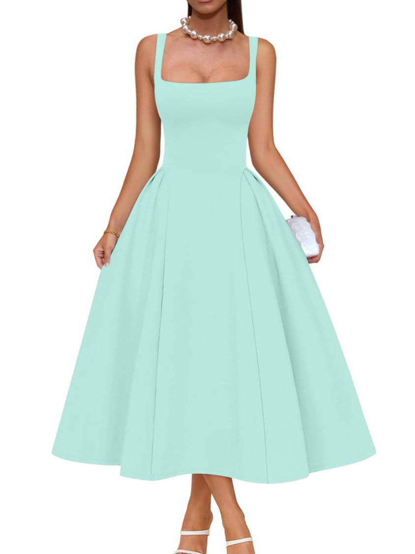 Womens Square Neck A Line Midi Dress, Elegant Wedding Guest and Evening Party Dress